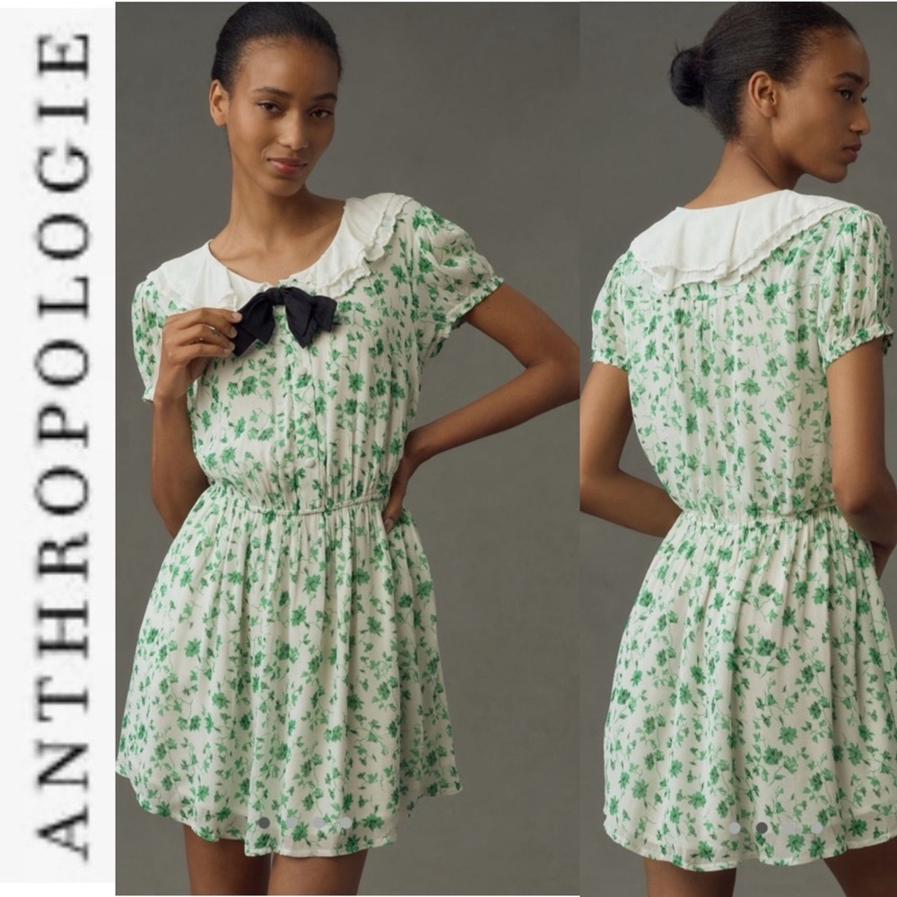 NWT Anthropologie Maeve Collared Green/White Floral Mini Dress S